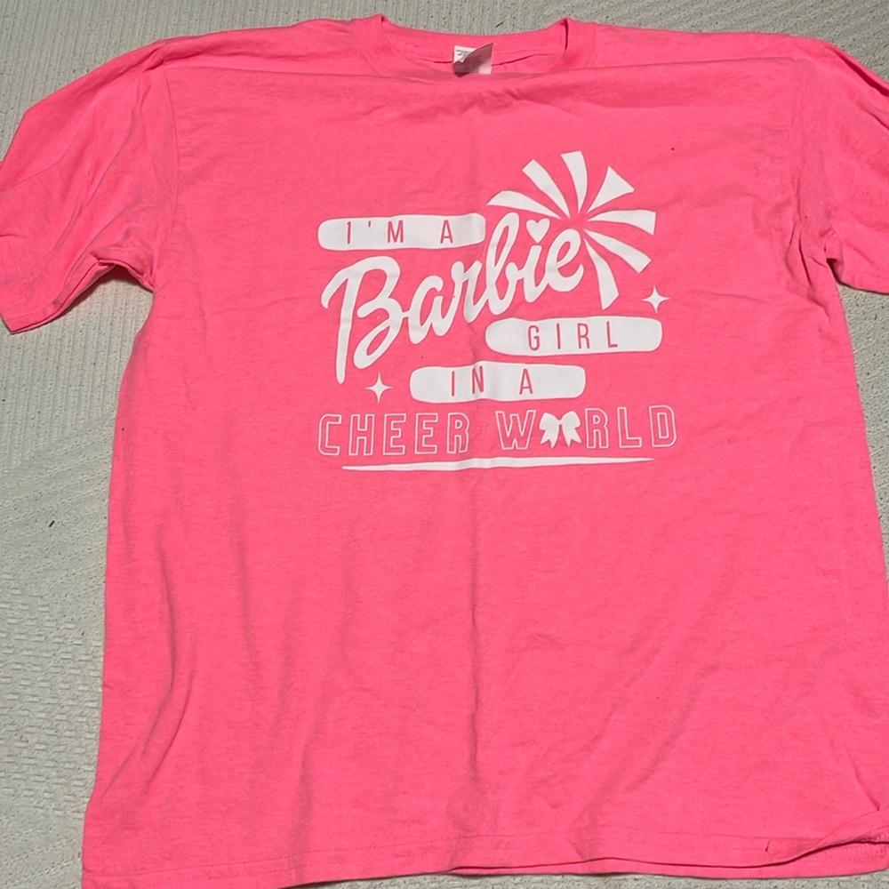 Youth hot pink shirt size xl “I’m a Barbie girl in a cheer world”